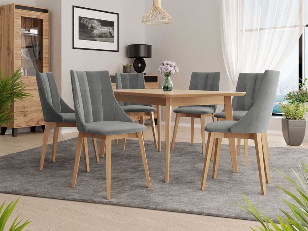 Veneti Rozkladací jedálenský stôl so 6 stoličkami NOWEN 2 - prírodné drevo / šedý